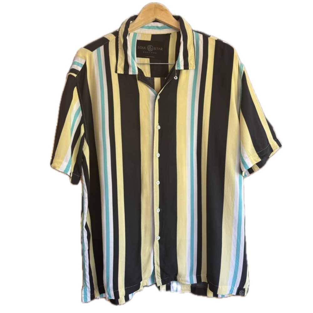 Soul Star Viscose Men's Vertical Strip Short Sleeve Shirt Black Yellow Blue XL